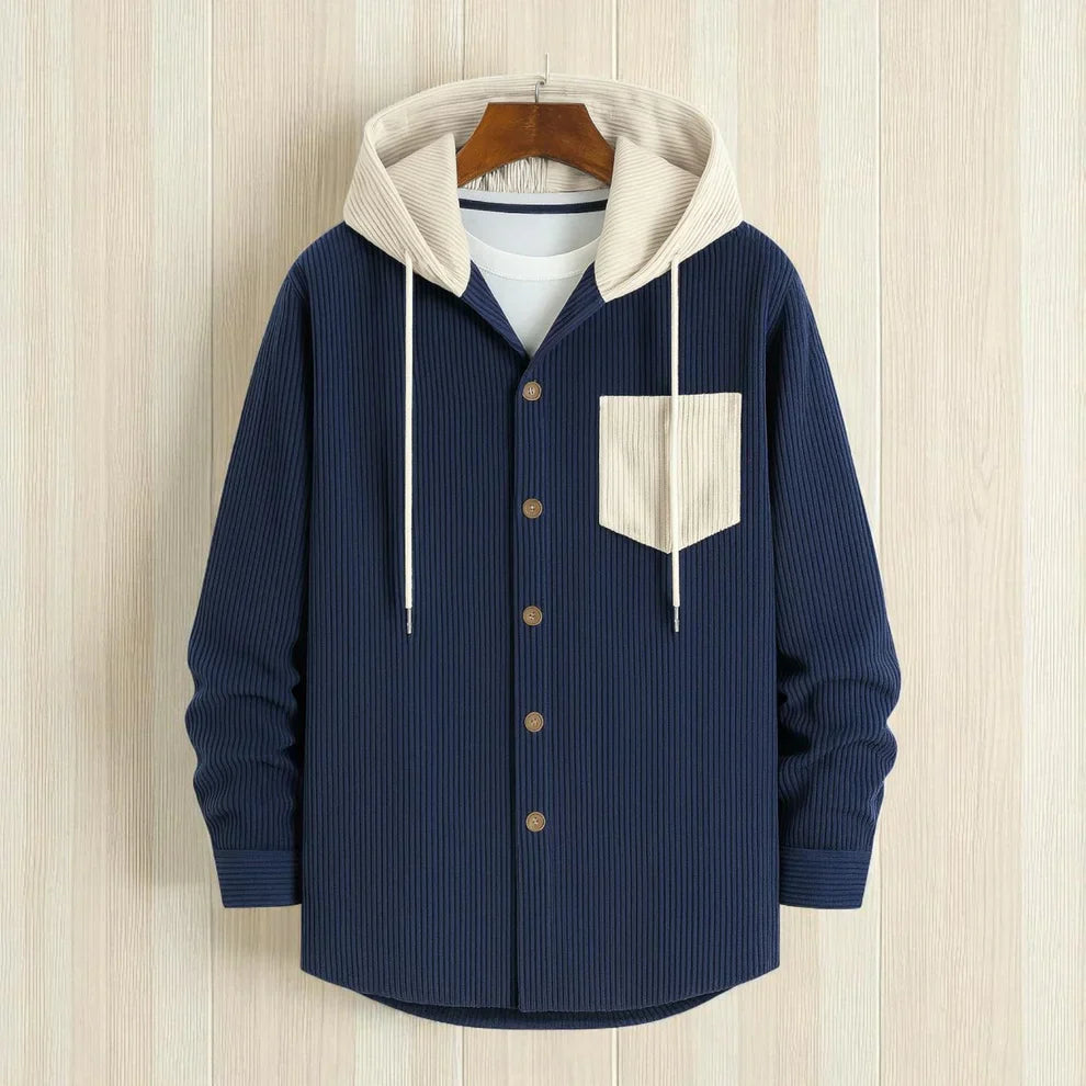 Men's Jackets Corduroy Hooded Shirt - Navy Blue